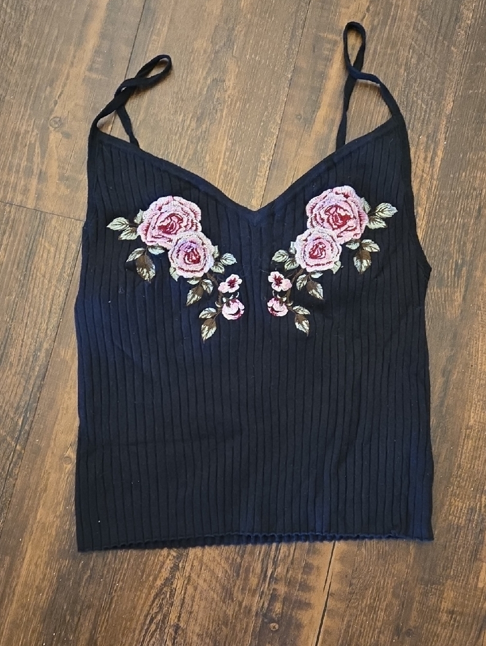 Kendall & Kylie Black Ribbed Cami with Pink Rose Appliqué